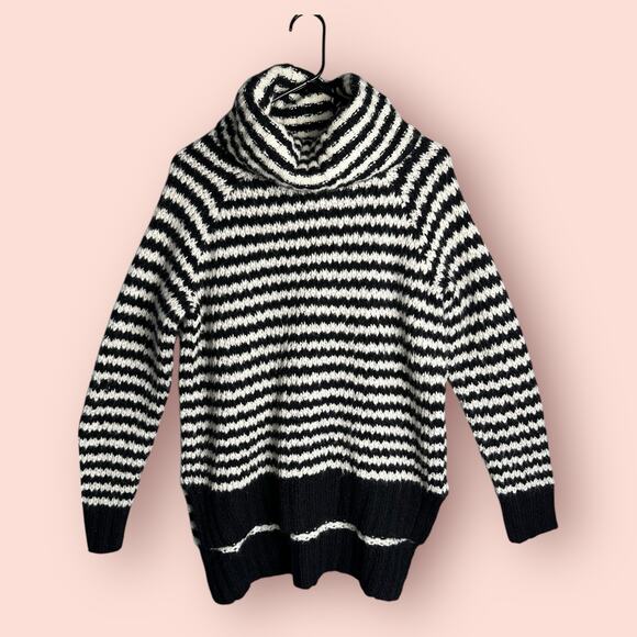 A.N.A. Womens Black White Stripe Turtle Neck Pullover Wool Sweater Medium Grunge - Picture 1 of 5